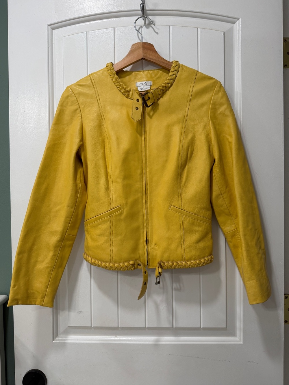Cache 100% Genuine Yellow Braided-Trim Leather Jacket